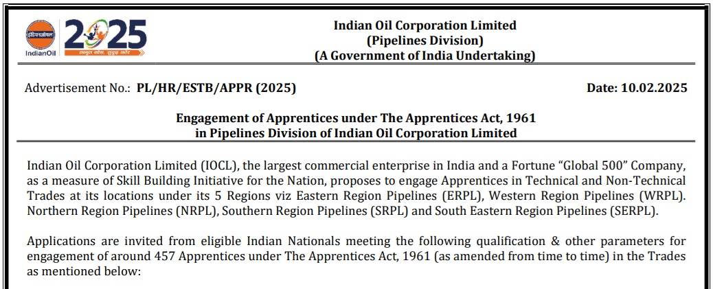 IOCL Pipelines Division Apprentice Online Form 2025